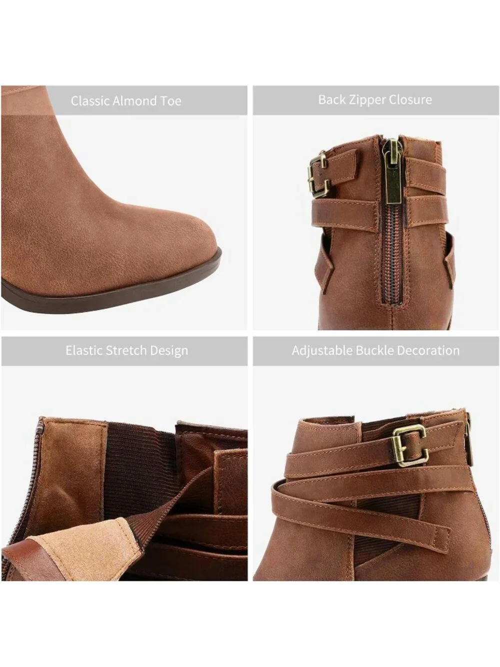 Women's Brown Pu Chunky Stacked High Heel Faux Suede Closed Toe Ankle Booties